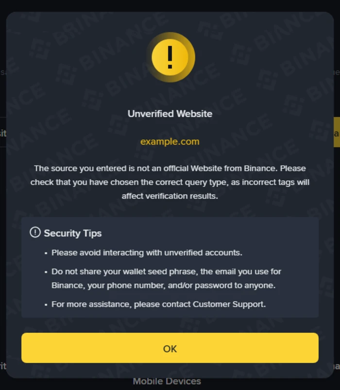 Binance Verify નું બીજું પરિણામ pop-up: પીળા ઉદ્ગારચિહ્ન નીચે Unverified Website અને example.com લખેલું