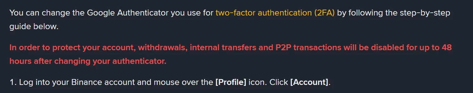 Binance-ийн FAQ хуудсан дахь улаан анхааруулга: authenticator-аа сольсны дараа гаргалт, дотоод шилжүүлэг, P2P гүйлгээ 48 хүртэл цаг хаагдана
